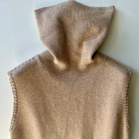 Theory 100% Cashmere Tan Cowl Turtleneck Vest Sweater Sleeveless Top, S - Picture 11 of 16